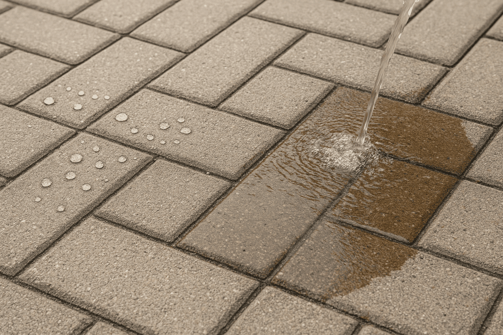 Wasser perlt auf imprägniertem Pflasterstein – Test der Imprägnierung Haltbarkeit nach Reinigung.