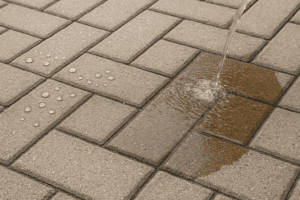 Wasser perlt auf imprägniertem Pflasterstein – Test der Imprägnierung Haltbarkeit nach Reinigung.